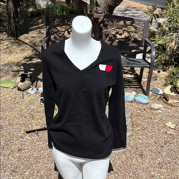 Tommy Hilfiger Black V-Neck Sweater with Logo Accent - Picture 1 of 5